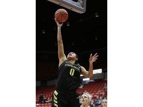Oregon forward Satou Sabally (0) shoots during the first half of an NCAA college basketball game against Washington State in Pullman, Wash., Friday, Jan. 25, 2019.