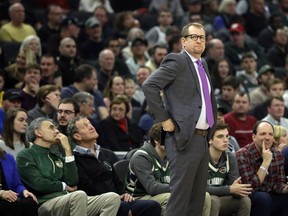 Toronto Raptors head coach Nick Nurse watches from the sideline during the first half of an NBA basketball game against the Milwaukee Bucks, Saturday, Jan. 5, 2019, in Milwaukee.