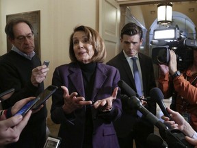 In this Jan, 18, 2019, photo, Speaker of the House Nancy Pelosi, D-Calif., takes questions from reporters on Capitol Hill in Washington.