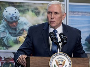 In this Jan. 11, 2019, photo, Vice President Mike Pence speaks to U.S. Customs and Border Protection employees at their headquarters in Washington.