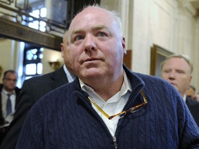 FILE - In this Feb. 24, 2016, file photo, Michael Skakel leaves the state Supreme Court after his hearing in Hartford, Conn. The Supreme Court is leaving in place a decision that vacated a murder conviction against Kennedy cousin Michael Skakel. The high court on Monday declined a request from the state of Connecticut to hear the case.