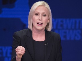 FILE - In this Oct. 25, 2018 file photo, Sen. Kirsten Gillibrand, D-N.Y., speaks during the New York Senate debate hosted by WABC-TV, in New York. Multiple people tell The Associated Press that Gillibrand is looking at Troy, New York, as a potential headquarters for a 2020 presidential bid.