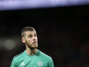 Manchester United goalkeeper David de Gea looks on during the English Premier League soccer match between Tottenham Hotspur and Manchester United at Wembley stadium in London, England, Sunday, Jan. 13, 2019.