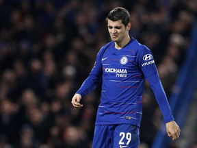 Chelsea's Alvaro Morata reacts after scoring his side's second goal during the English FA Cup third round soccer match between Chelsea and Nottingham Forest at Stamford Bridge in London, Saturday, Jan. 5, 2019.