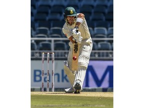 South Africa's batsman Aiden Markram plays a shot on day one of the third cricket test match between South Africa and Pakistan at Wanderers Stadium in Johannesburg, South Africa, Friday Jan. 11, 2019.