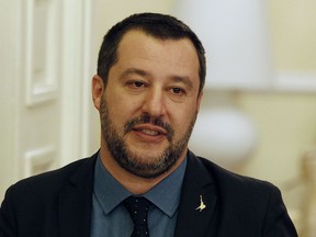Italian Interior Minister Matteo Salvini speaks to reporters following his talks with Jaroslaw Kaczynski, leader of Poland's Law and Justice party, at the Italian Embassy in Warsaw, Poland, on Wednesday, Jan. 9, 2019. His visit is seen as sounding out a possible alliance with Poland's ruling EU-skeptic party ahead of spring elections for the European Parliament..