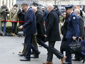 Israel's delegation led by Ehud Adam, left, Director General of the Israeli Ministry of Defense, arrive to the Croatian Ministry of Defense in Zagreb, Croatia, Thursday, Jan. 10, 2019. Croatia's defense minister says Israel has failed to overcome U.S. objections to a deal to sell 12 used fighter jets to Croatia and the agreement worth $500 million will likely be annulled.