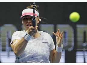 Vera Zvonareva of Russia returns the ball to Ekaterina Makarova of Russia during the St. Petersburg Ladies Trophy-2019 tennis tournament match in St.Petersburg, Russia, Monday, Jan. 28, 2019.