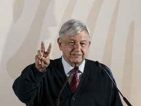 Mexico's President Andres Manuel Lopez Obrador speaks during the presentation of his new economic program for the northern border zone, in Tijuana, Mexico, Sunday, Jan. 6, 2019.