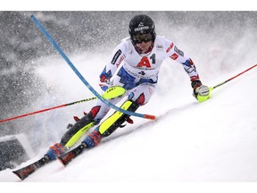 France's Clement Noel competes during an alpine ski, men's World Cup slalom, in Kitzbuehel, Austria, Saturday Jan. 26, 2019.