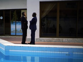 Members of the Congolese opposition coalition Lamuka, led by presidential candidate Martin Faluyu, have a conversation while waiting for a statement to be issued on the timing of the release of the presidential election results in Kinshasa, Congo, Saturday Jan. 5, 2019. Congo faces what could be its first democratic, peaceful transfer of power since independence from Belgium in 1960, but election observers and the opposition have raised numerous concerns about voting irregularities as the country chooses a successor to longtime President Joseph Kabila.