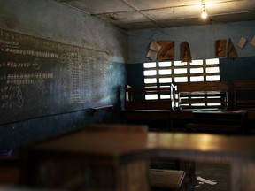 This photo taken Friday Jan. 4, 2019 shows a blackboard with presidential election results for that specific polling station, in a school in Kinshasa, Congo.