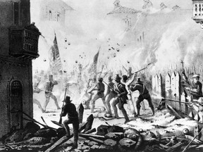 FILE - This file photo of a painting depicts street fighting during the siege of Monterey, Mexico in Sept. 1846 during the U.S. War with Mexico. The United States invaded Mexico in 1846 and captured Mexico City in 1847. A peace treaty the following year gave the U.S. more than half of Mexico's territory, what is now most of the western United States. (U.S. Army Signal Corps via AP, File)