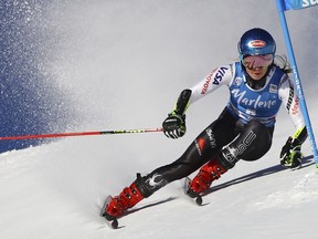 United States' Mikaela Shiffrin competes during an alpine ski, women's World Cup giant slalom, in Kronplatz, Italy, Tuesday, Jan. 15, 2019.