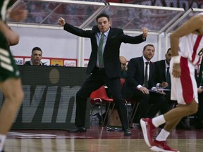 Panathinaikos coach Rick Pitino reacts during a Euroleague basketball match between Panathinaikos and Olympiakos in Piraeus near Athens, on Friday, Jan. 4, 2019.