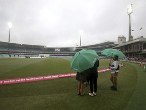 Rain falls before play on day 4 of the cricket test match between India and Australia in Sydney, Sunday, Jan. 6, 2019.