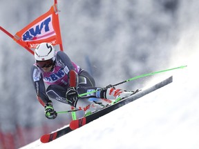 Norway's Henrik Kristoffersen competes during a ski World Cup men's Giant Slalom in Adelboden, Switzerland, Saturday, Jan.12, 2019.