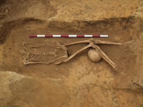 A decapitated Roman skeleton with the head placed under one knee.