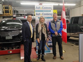 From left, Jean-François Champagne, President, AIA Canada; Honourable Patricia Hajdu, Minister of Employment, Workforce Development and Labour; Darcy Hunter, Owner/Manager, Fountain Tire, at the launch of AutoConnex in Thunder Bay, Ont.