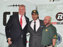 Diego Jair Viamontes, a receiver with the Mayas of the Liga de Futbol Americano Profesional, poses with Canadian Football League commissioner Randy Ambrosie, left, and Edmonton Eskimos player personnel director David Turner, right, after becoming the first-overall selection in the inaugural CFL-LFA draft in Mexico City on Jan. 14, 2019.