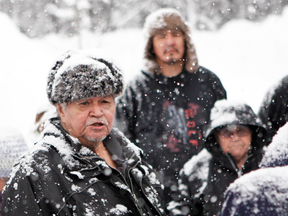 Chief Madeek, hereditary leader of the Gidimt'en clan talks with supporters of the Unist'ot'en camp and Wet'suwet'en people, on Jan. 9, 2019.