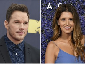 This combination of file photos shows Chris Pratt at the MTV Movie and TV Awards on June 16, 2018, in Santa Monica, Calif., left, and Katherine Schwarzenegger at Caruso's Palisades Village opening gala on Sept. 20, 2018, in Los Angeles, right.