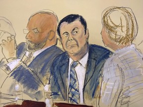 In a Nov. 13, 2018 file courtroom drawing, Joaquin "El Chapo" Guzman, centre, sits next to his defence attorney Eduardo Balarezo, left, for opening statements.