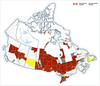 Environment Canada’s public weather alerts maps as of 7:30 a.m. Red shows weather warnings.