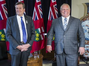 Toronto Mayor John Tory, left, meets with Ontario Premier Doug Ford at the provincial legislature in Toronto on Dec. 6, 2018.