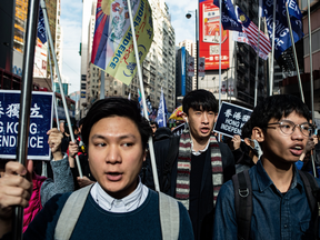 Pro-independence activists protest during the annual New Year's Day pro-democracy rally in Hong Kong on Jan. 1, 2019.
