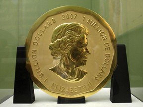 This 2010 file photo shows the gold coin 'Big Maple Leaf' in the Bode Museum in Berlin.