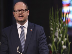 Gdansk mayor Pawel Adamowicz speaking at a commemoration ceremony for late Bremen Mayor Hans Koschnick. Poland's health minister says that Gdansk Mayor Pawel Adamowicz has died from stab wounds a day after being attacked onstage by an ex-convict at a charity event.