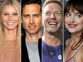This combination of photo shows Gwyneth Paltrow, Brad Falchuk, Chris Martin and Dakota Johnson.
