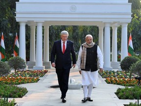 Indian prime minister Narendra Modi meeting with former Canadian prime minister Stephen Harper on Tuesday, January 8, 2019.