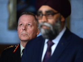 Defence Minister Harjit Sajjan and Chief of Defence Staff Gen. Jonathan Vance attend an announcement outlining Canada's peacekeeping mission to Mali, in Ottawa, Monday, March 19, 2018.