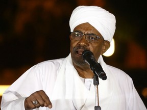 Sudanese President Omar al-Bashir delivers a speech at the presidential palace in the capital Khartoum on January 3, 2019.
