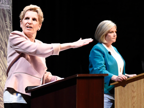 Ontario NDP Leader Andrea Horwath, seen at right with former Ontario Liberal Leader Kathleen Wynne, has now fought and lost three elections.