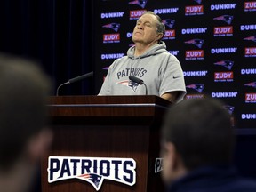 New England Patriots head coach Bill Belichick faces reporters before an NFL football practice, Wednesday, Jan. 9, 2019, in Foxborough, Mass.