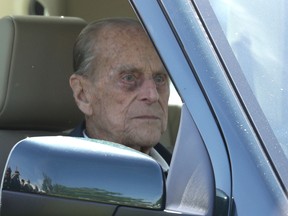 Prince Philip, Duke of Endinburgh sits in his car at the third day of the Royal Windsor Horse Show on May 11, 2018 in Windsor, England.