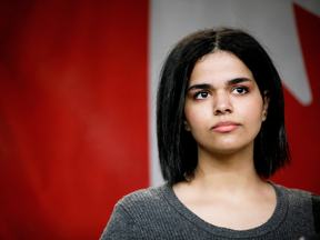 Rahaf Mohammed, 18, speaks to the media in Toronto on Jan. 15, 2019, after fleeing Saudi Arabia. Rahaf said one of the reasons she fled her strict parents was that they forced her to wear a hijab.