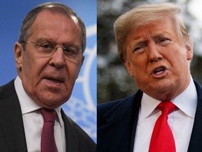 This combination photo show Russia's Foreign Minister Sergei Lavrov and U.S. President Donald Trump.