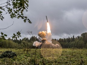 This undated file photo provided Tuesday, Sept. 19, 2017, by the Russian Defence Ministry official web site shows a Russian Iskander-K missile launched during a military exercise at a training ground at the Luzhsky Range, near St. Petersburg, Russia.