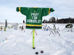 The memorial for the Humboldt Broncos hockey team at the site where sixteen people died and thirteen injured when a truck crashed into the team bus Wednesday, January 30, 2019 in Tisdale, Saskatchewan.