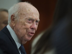 In this Wednesday, June 17, 2015 file photo, U.S. Nobel laureate biologist James Watson visits the Russian Academy of Sciences in Moscow, Russia.