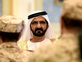 This file photo taken on May 05, 2015 shows Prime Minister of the United Arab Emirates (UAE) and ruler of Dubai, Sheikh Mohammed bin Rashid al-Maktoum, upon his arrival for a Gulf Cooperation Council (GCC) summit in Riyadh. Sheikh Mohammed bin Rashid al-Maktoum, vice president of the United Arab Emirates and ruler of Dubai, gave out the awards for its Gender Balance Index, which were accepted by an all-male cast.