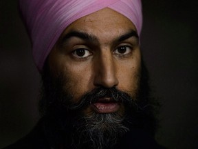 NDP Leader Jagmeet Singh speaks to reporters in the foyer of the House of Commons on Parliament Hill in Ottawa on Wednesday, Oct. 17, 2018.