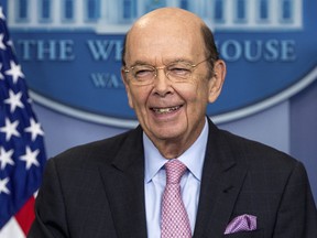 Commerce Secretary Wilbur Ross smiles while speaking about a new tariff on Canadian lumber during the daily press briefing at the White House in Washington, Tuesday, April 25, 2017.
