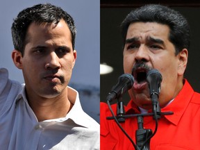 Venezuela's National Assembly president Juan Guaido gestures before a crowd of opposition supporters  Vargas, Venezuela, on January 13, 2019; Nicolas Maduro speaks from the balcony of Miraflores presidential palace in Caracas, Venezuela, Wednesday, Jan. 23, 2019.