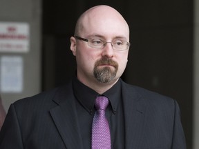 Ryan Jarvis leaves court during a break is his trial in London, Ontario on Thursday, April 9, 2015.