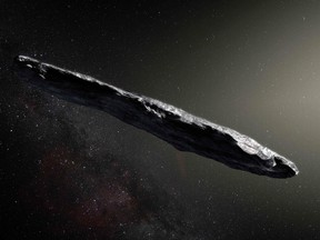 An artist's impression of the first interstellar asteroid: Oumuamua.  This unique object was discovered on 19 October 2017 by the Pan-STARRS 1 telescope in Hawaii. Subsequent observations from ESO's Very Large Telescope in Chile and other observatories around the world show that it was travelling through space for millions of years before its chance encounter with our star system.
